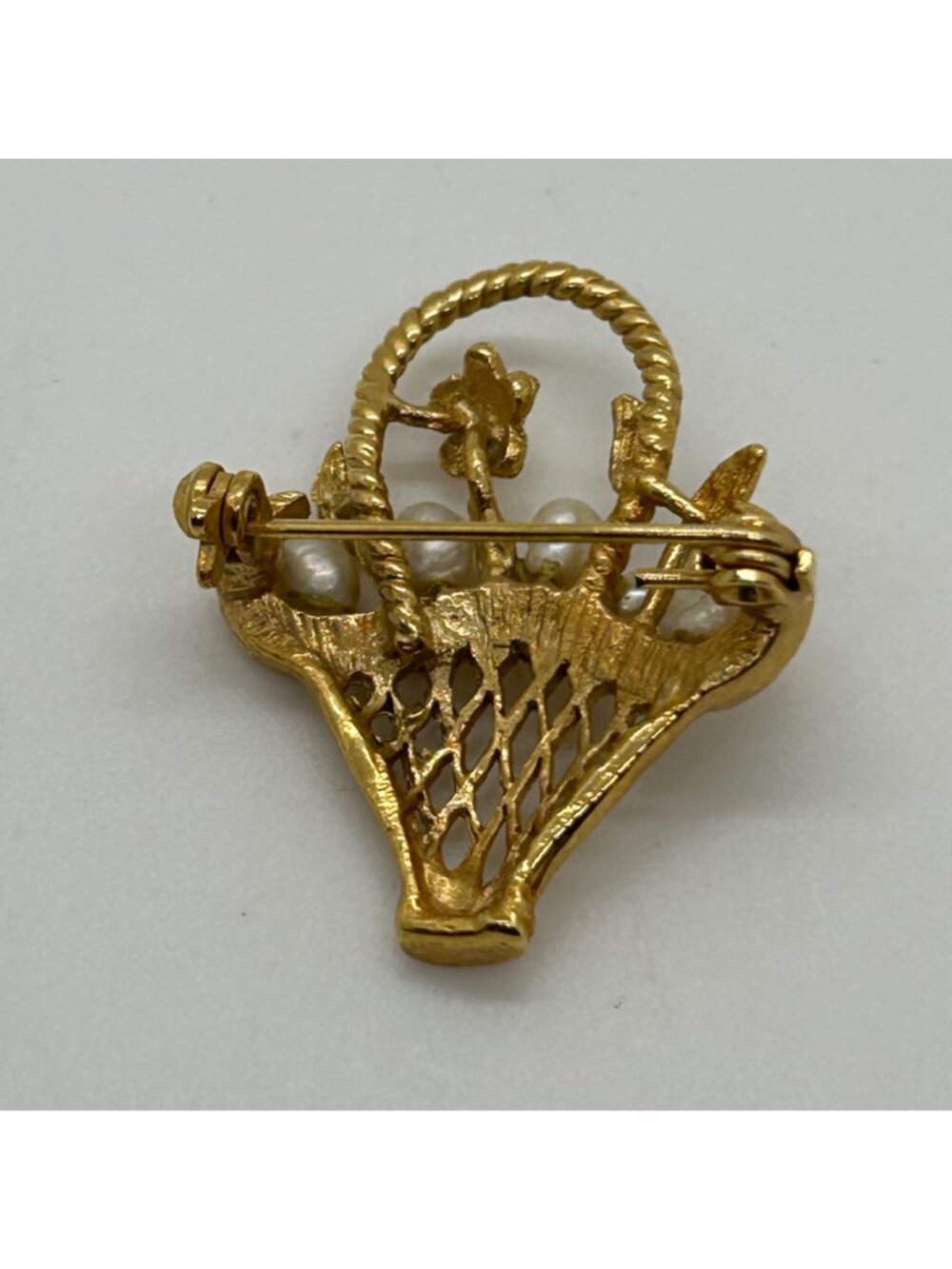 Vintage Gold-Tone Flower Basket Brooch Freshwater Pearl Filigree Retro Floral - Picture 5 of 10